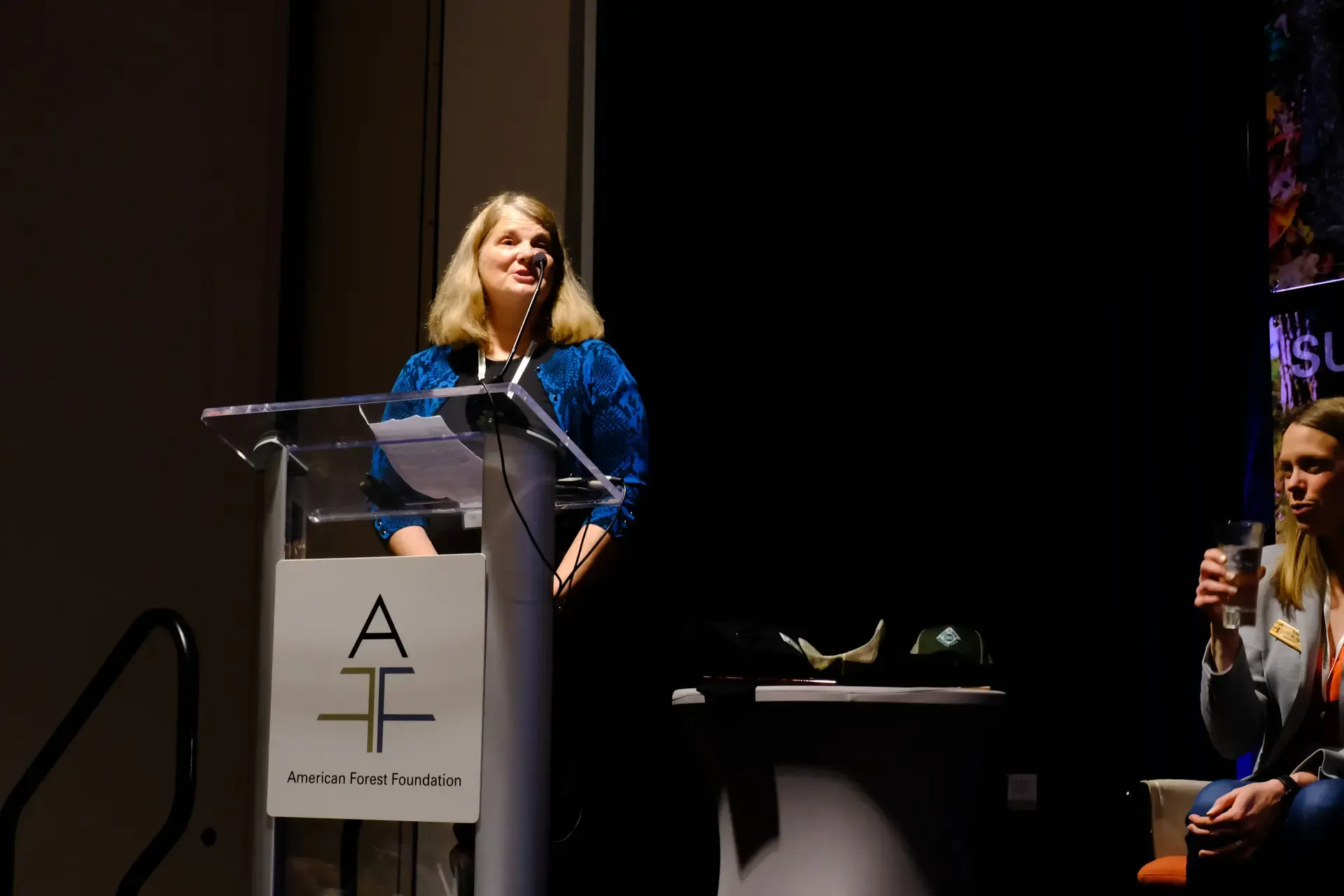 Jan Bernu standing on stage accepting her National Inspector of the Year Award.